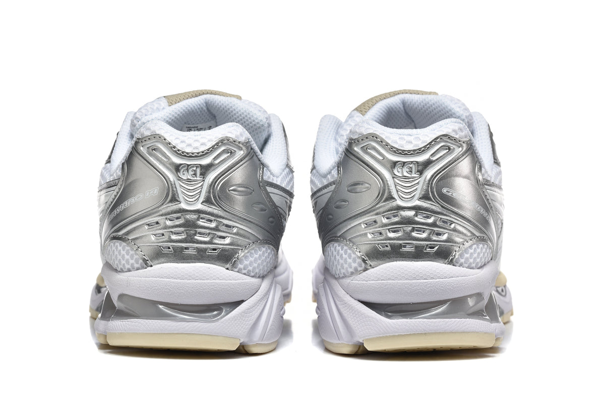 White and Silver ASICS Gel-Kayano 14 Sneakers - product image from the listing.