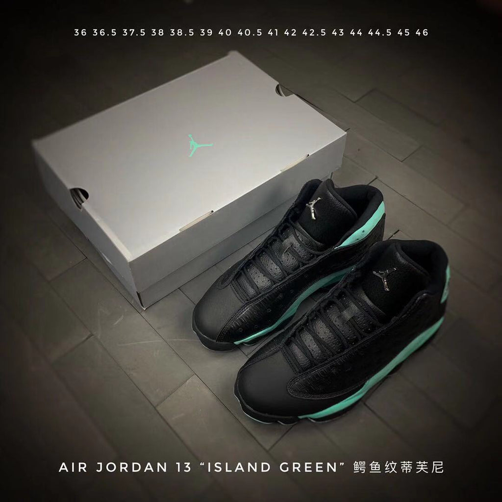 Air Jordan 13 Island Green Sneakers in Black Turquoise - product image from the listing.