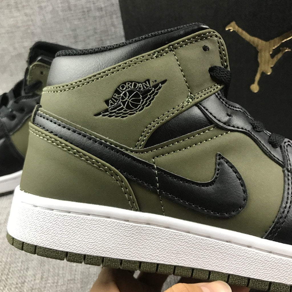 Black and Olive Green Jordan 1 Mid Sneakers - product image from the listing.
