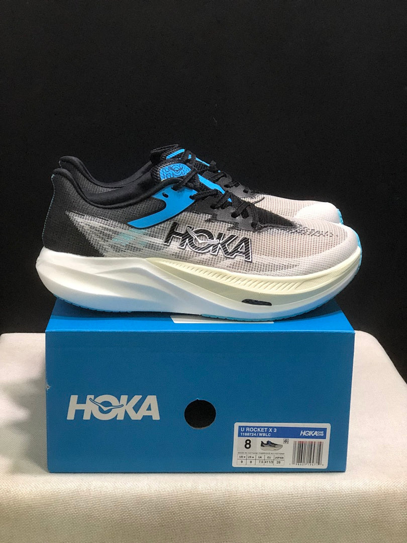 White, Black and Blue - HOKA Rocket X 3 Running Shoes - product image from the listing.