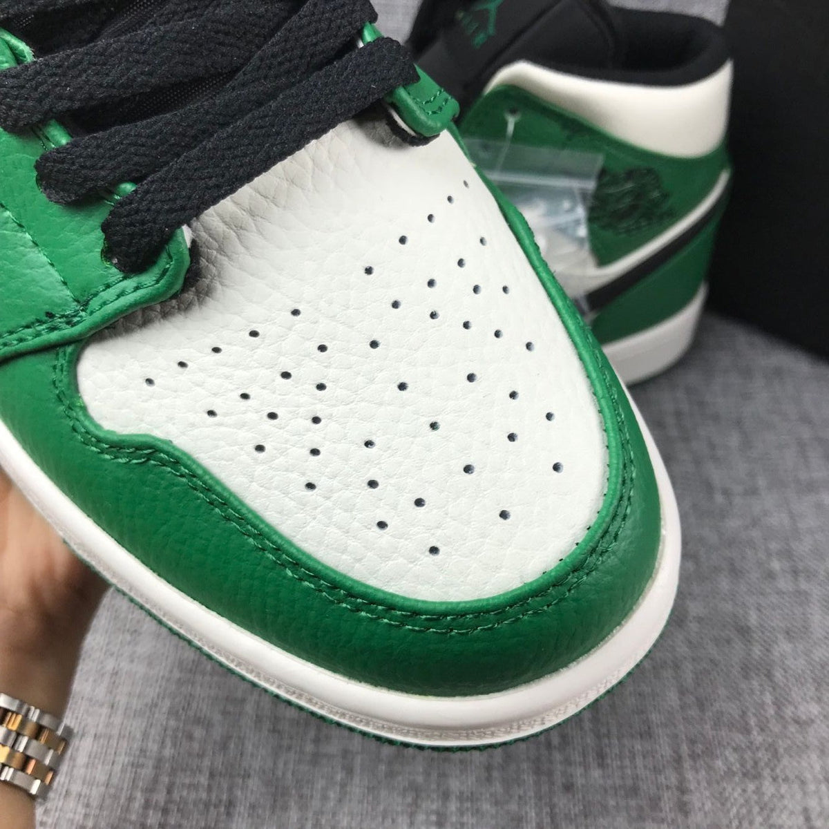 Air Jordan 1 Mid SE Sneakers in White Green Black - product image from the listing.
