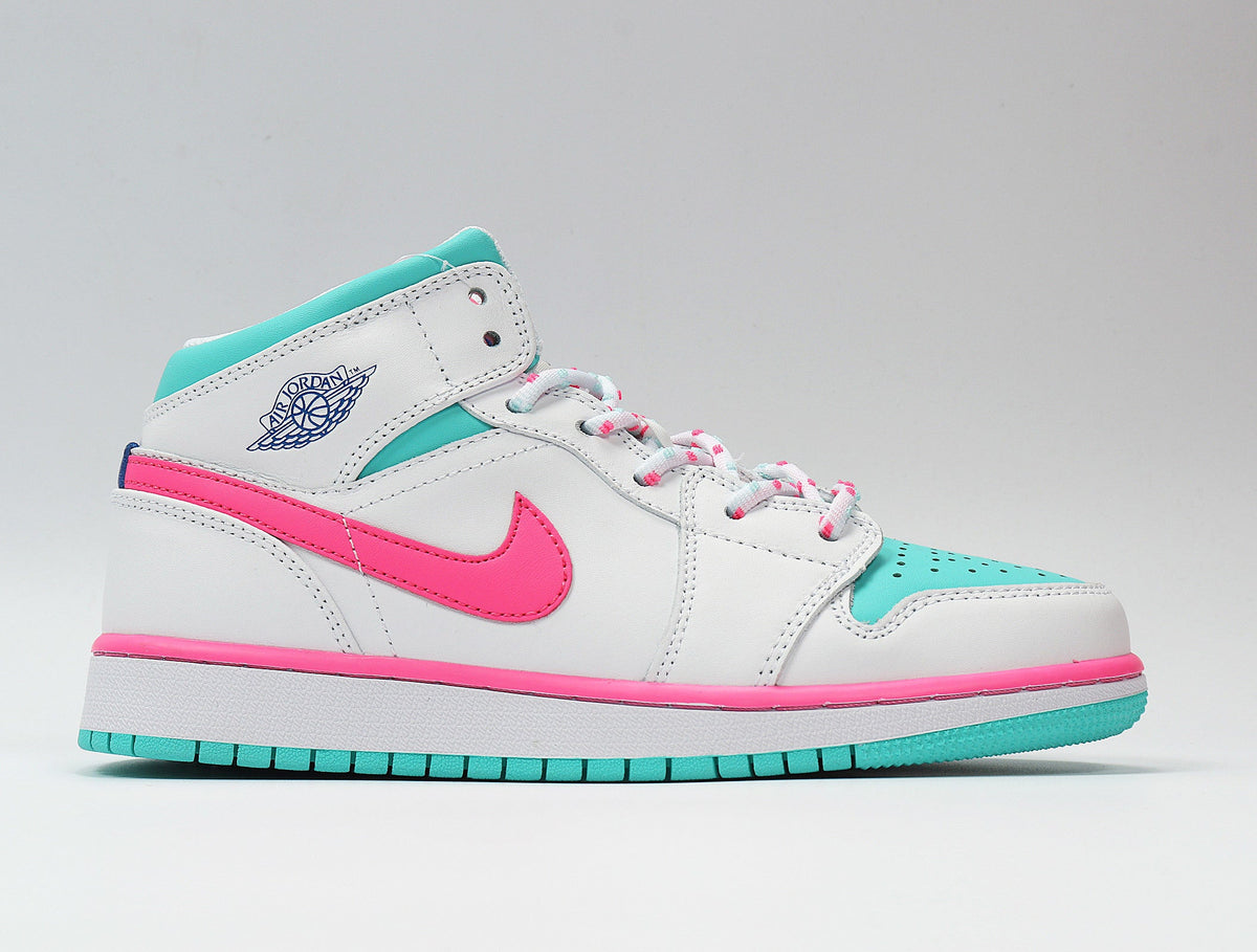 Jordan 1 Mid Sneakers in White Pink Aqua 555112-102 - product image from the listing.