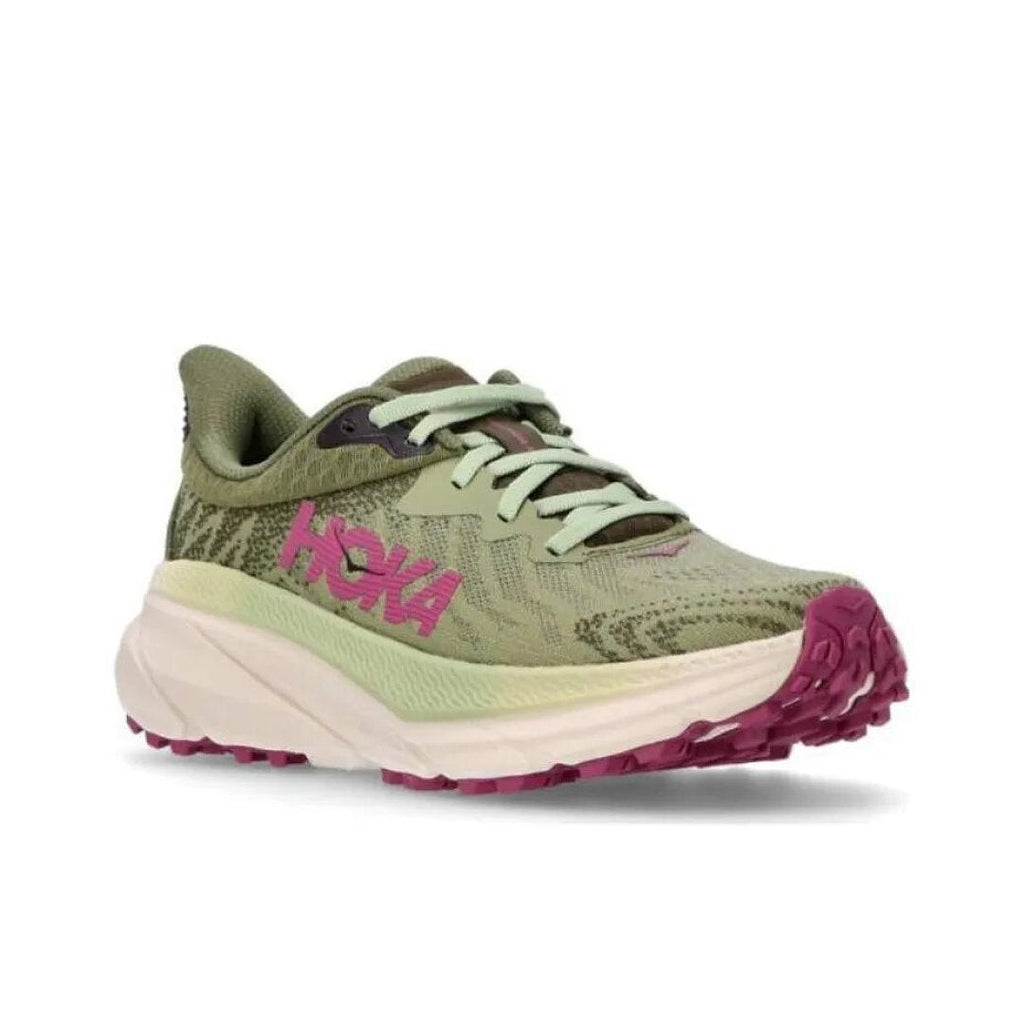 Olive Green and Pink HOKA Trail Running Shoes - product image from the listing.