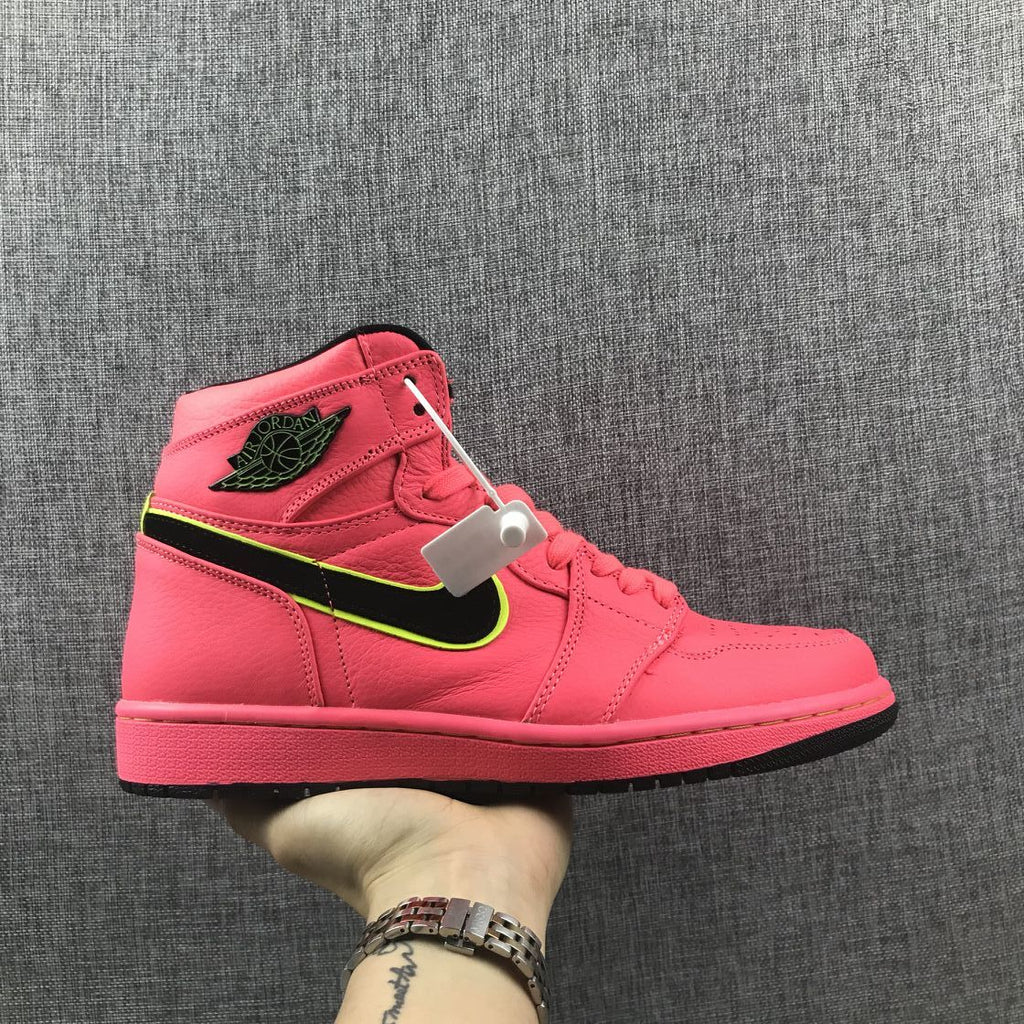 Air Jordan 1 Mid Sneakers in Pink Black Volt AQ9131-600 - product image from the listing.
