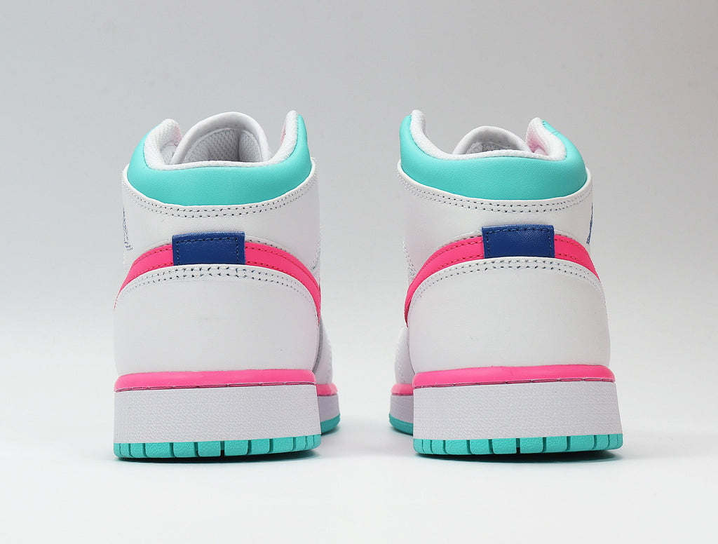 Jordan 1 Mid Sneakers in White Pink Aqua 555112-102 - product image from the listing.