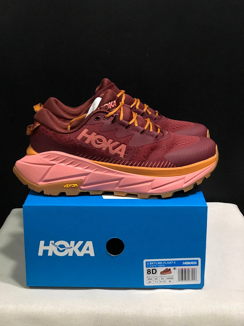 Burgundy and Pink HOKA Skyline Float X Trail Sneakers - product image from the listing.