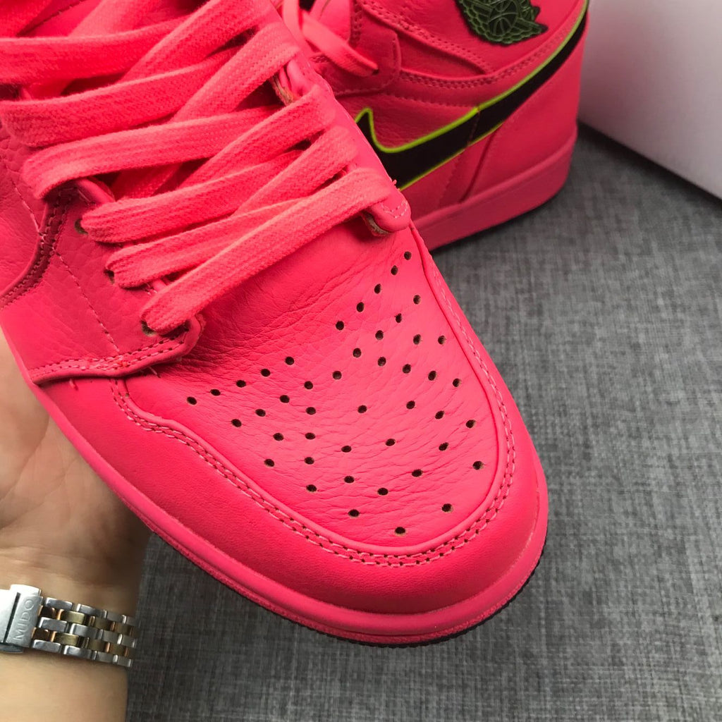 Air Jordan 1 Mid Sneakers in Pink Black Volt AQ9131-600 - product image from the listing.