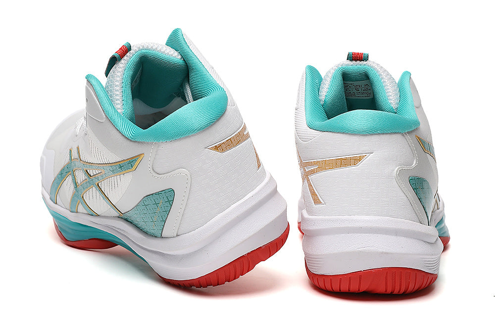 ASICS White and Aqua Indoor Court Trainers - product image from the listing.