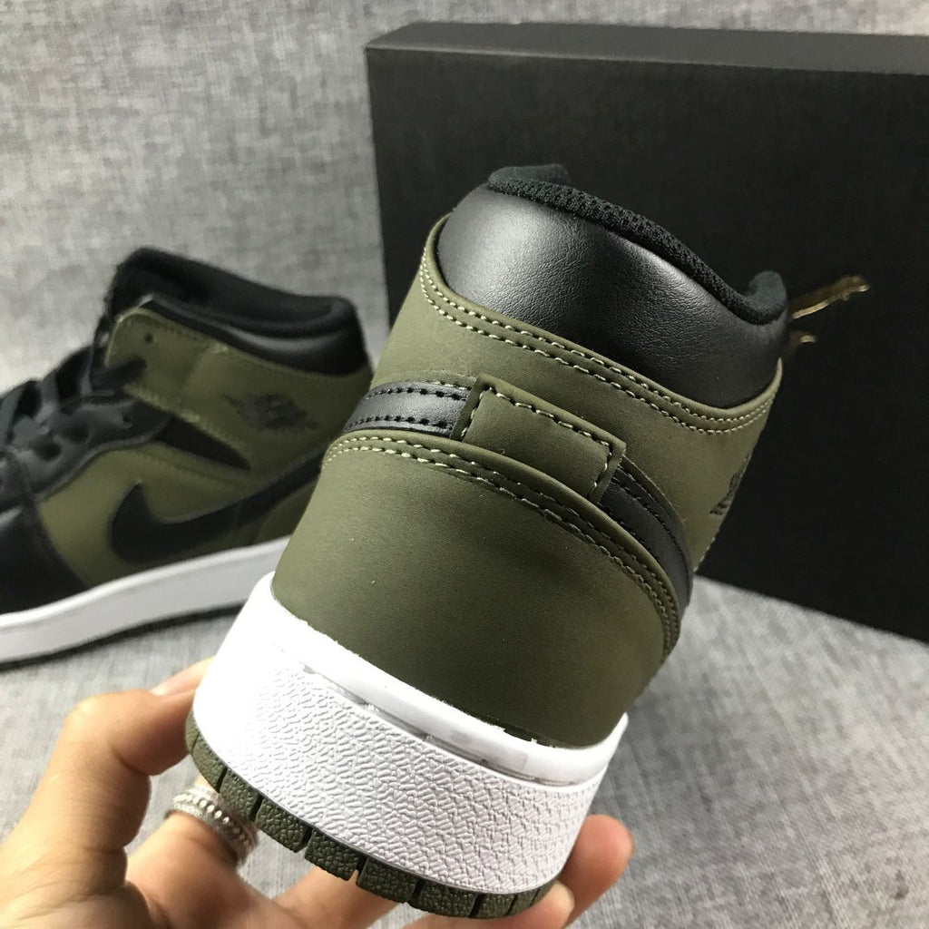 Black and Olive Green Jordan 1 Mid Sneakers - product image from the listing.