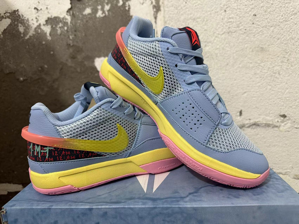 Nike Ja 1 Basketball Shoes in Blue Yellow Pink - product image from the listing.