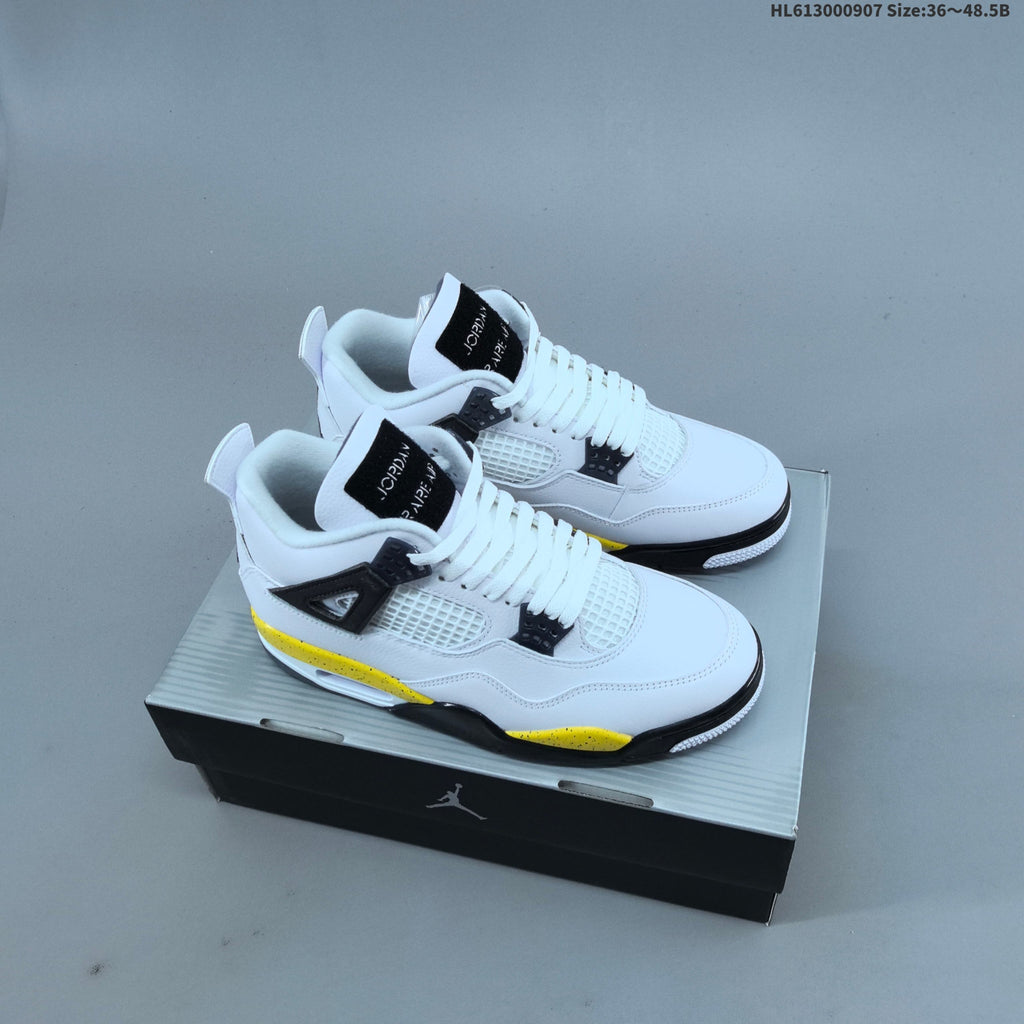 Air Jordan 4 Retro White Yellow Black Sneakers - product image from the listing.