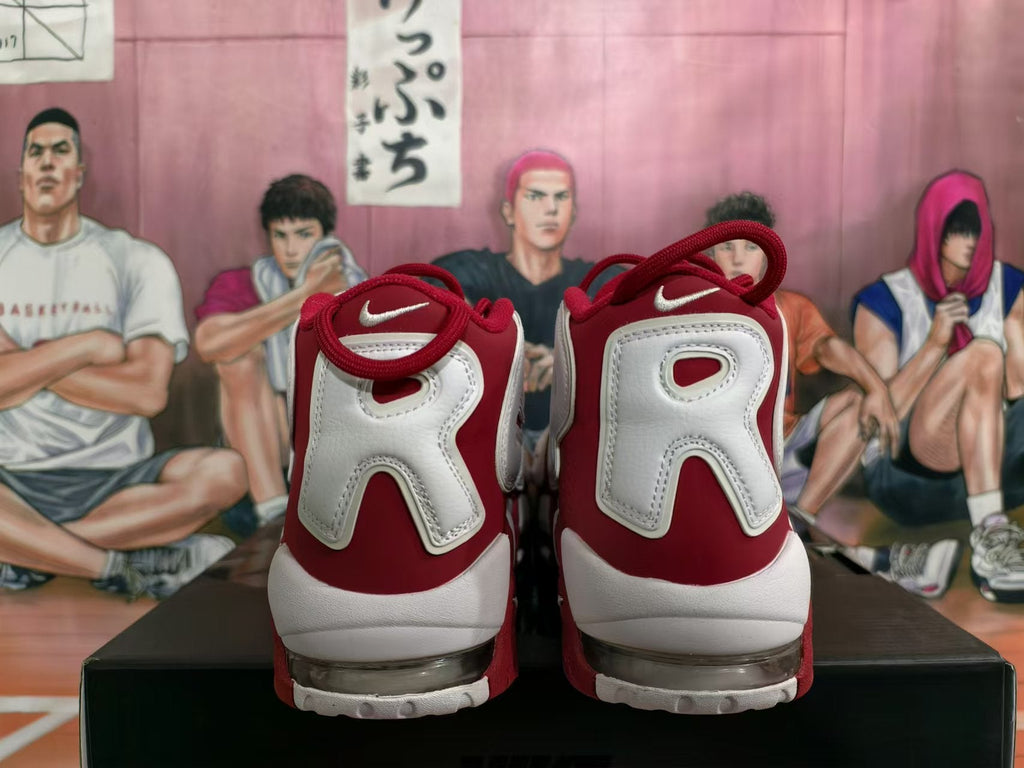 Nike Air More Uptempo Basketball Sneakers in Red and White - product image from the listing.