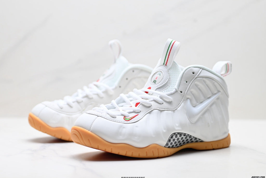Nike Air Penny Foamposite Sneakers in White and Gum - product image from the listing.