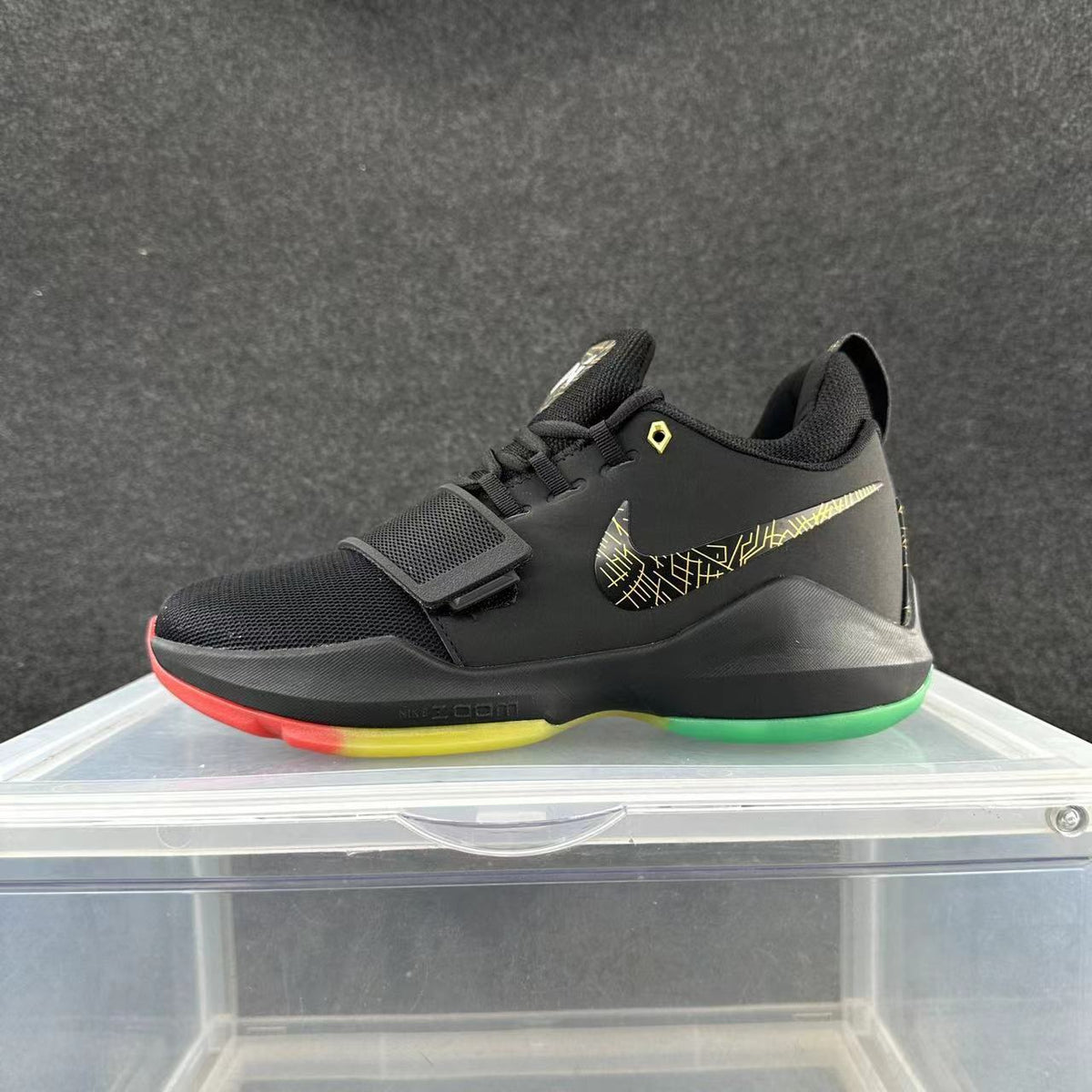 Nike Zoom Basketball Footwear, Black with Rainbow Outsole - product image from the listing.