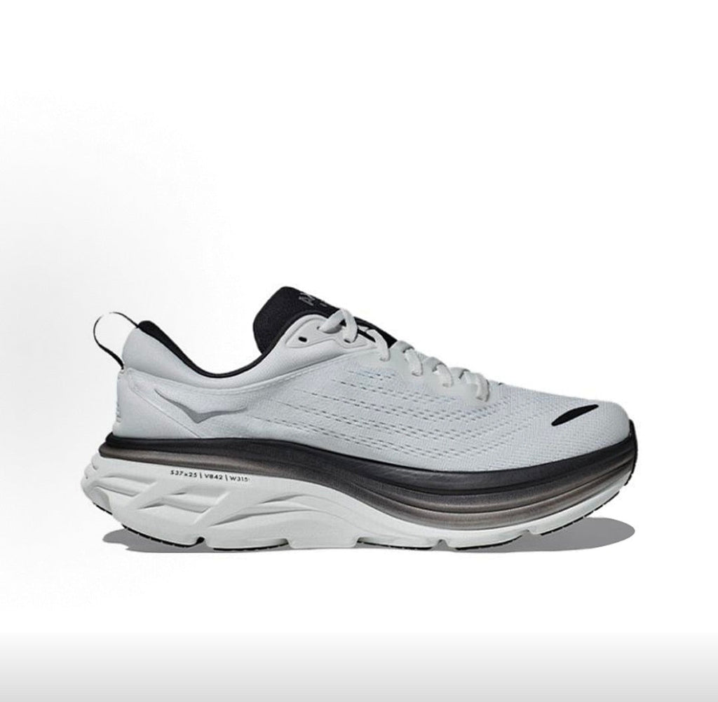 HOKA Bondi 8 Running Shoes in White and Black - product image from the listing.