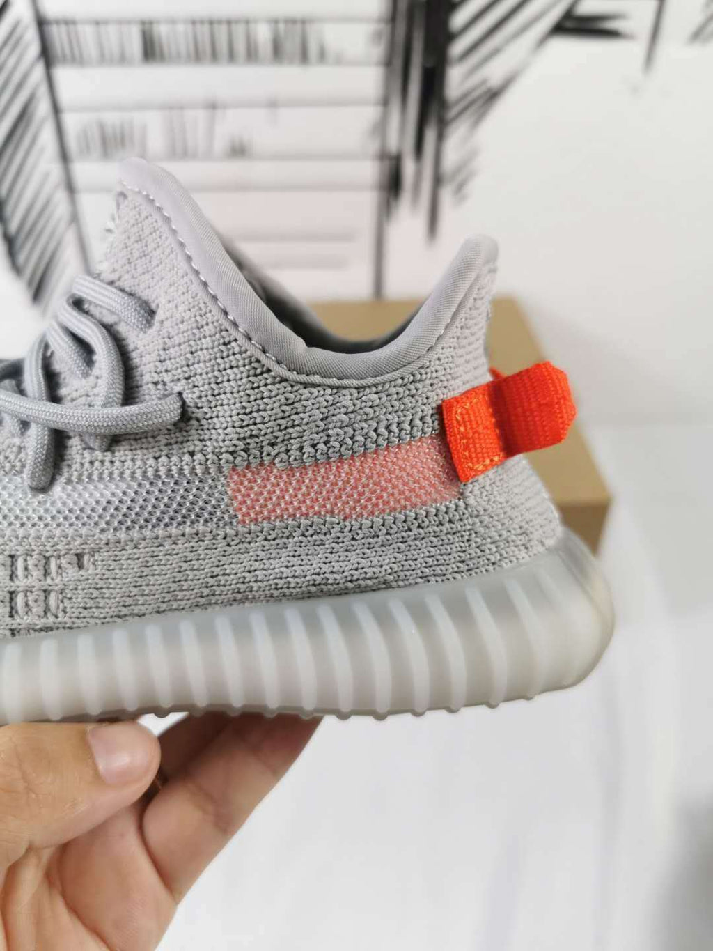 Light Grey and Coral Yeezy 350 V2 Kids Sneakers - product image from the listing.