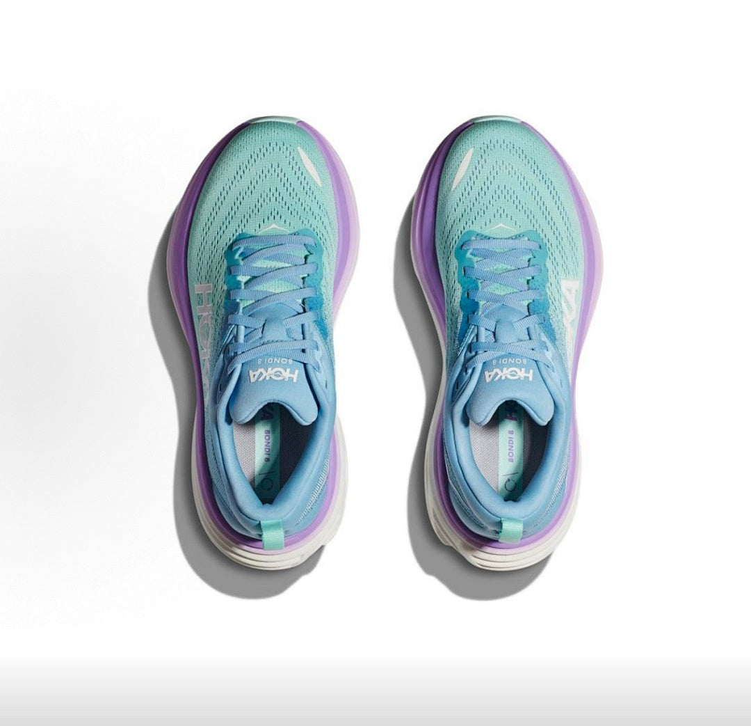 HOKA Bondi 8 Running Shoes in Blue, in Mint and Purple - product image from the listing.