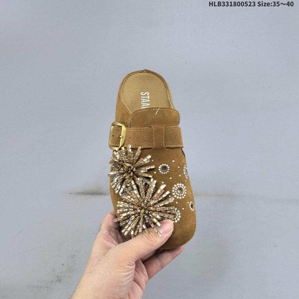 Embellished Brown Backless Slip-On Clogs with Buckle - product image from the listing.