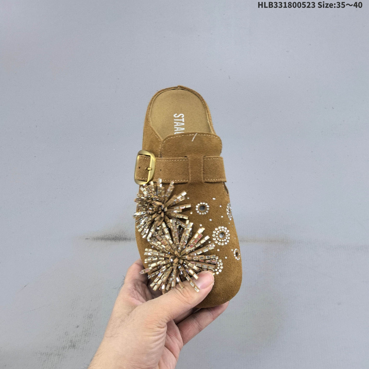 Embellished Brown Backless Slip-On Clogs with Buckle - product image from the listing.