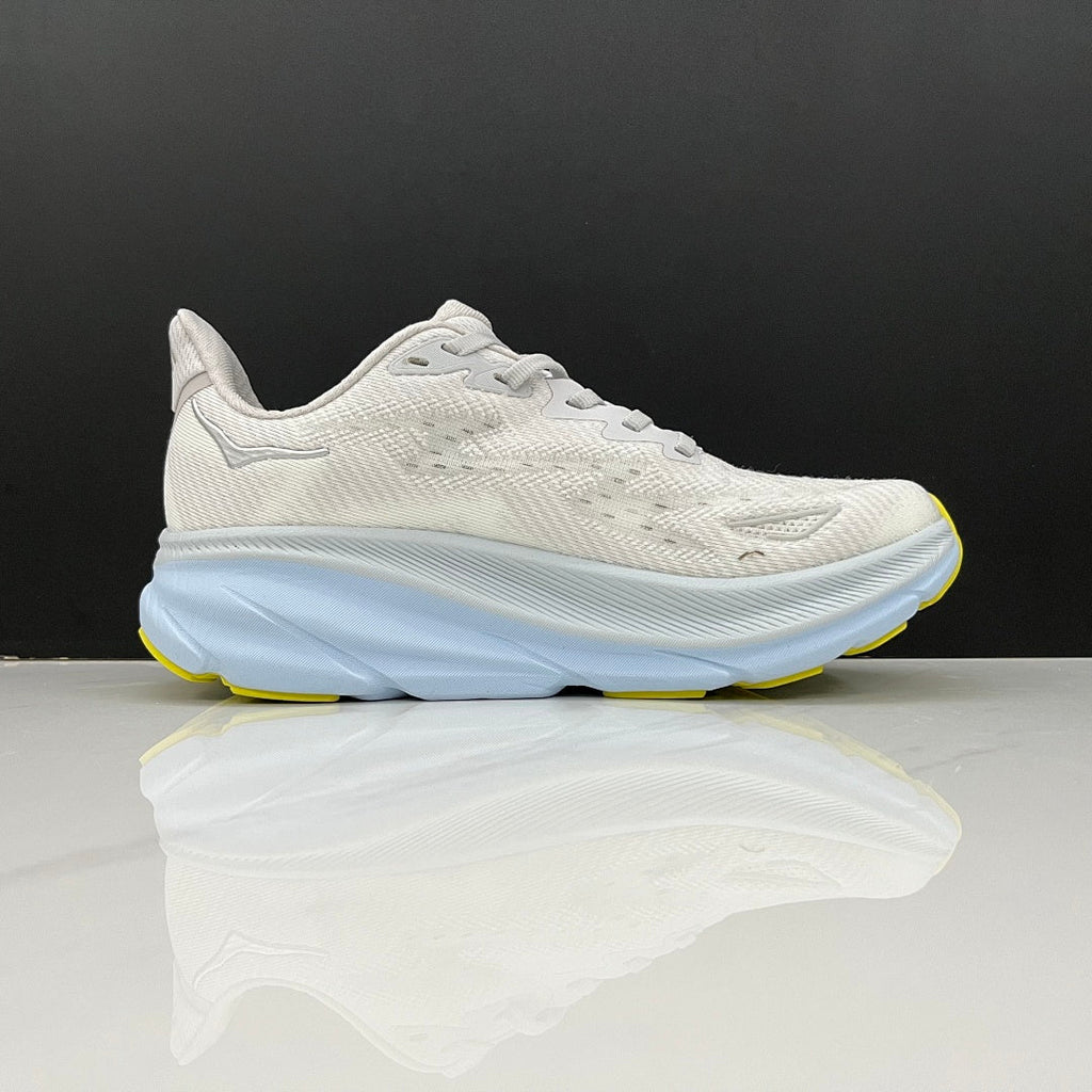 Gray and Blue HOKA Clifton 9 Running Shoes - product image from the listing.