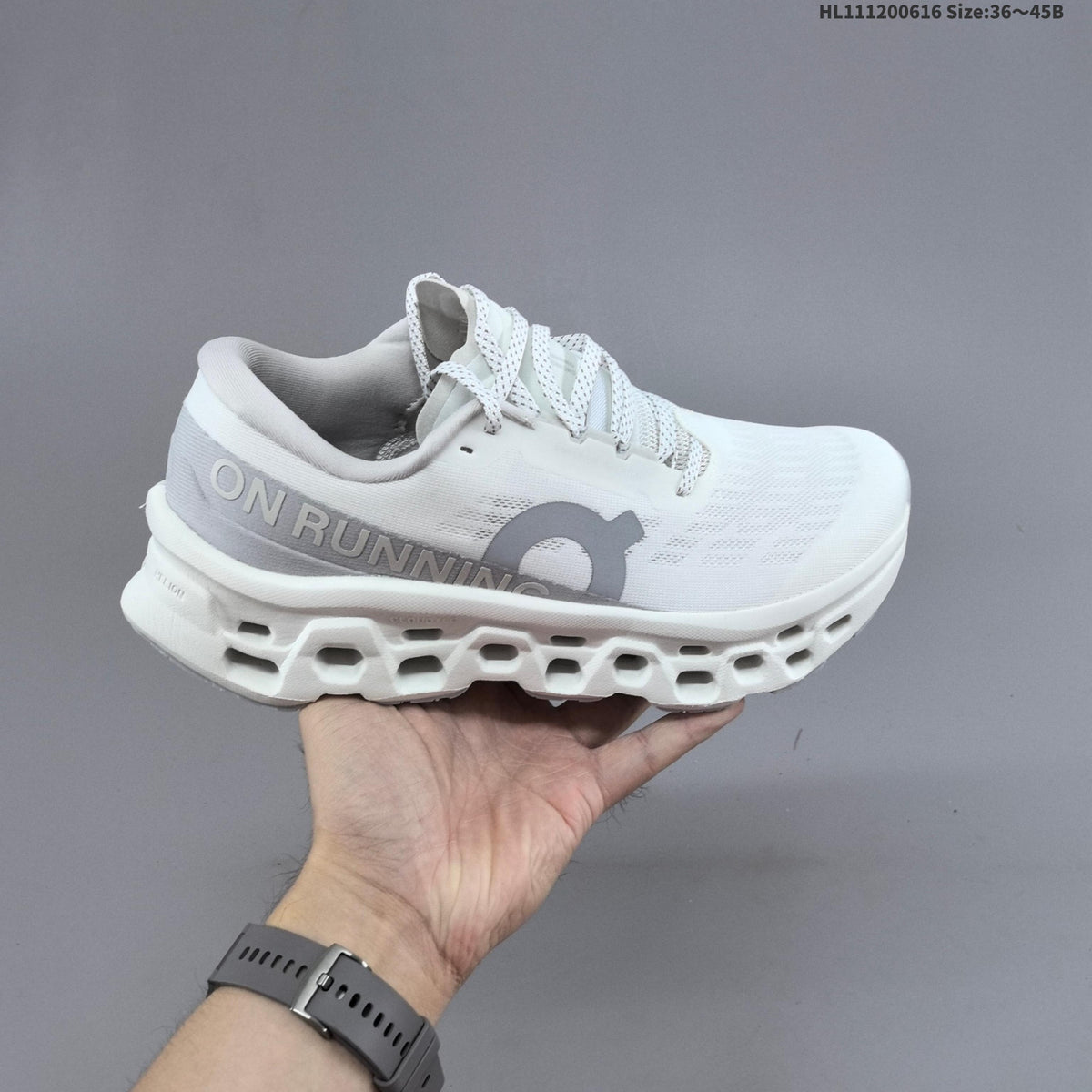 On Cloudmonster 3 Running Shoes in White Grey - product image from the listing.