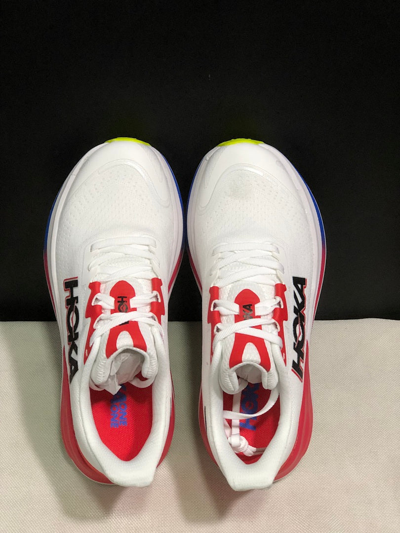 HOKA Skyward X Running Shoes, in White Red Blue - product image from the listing.