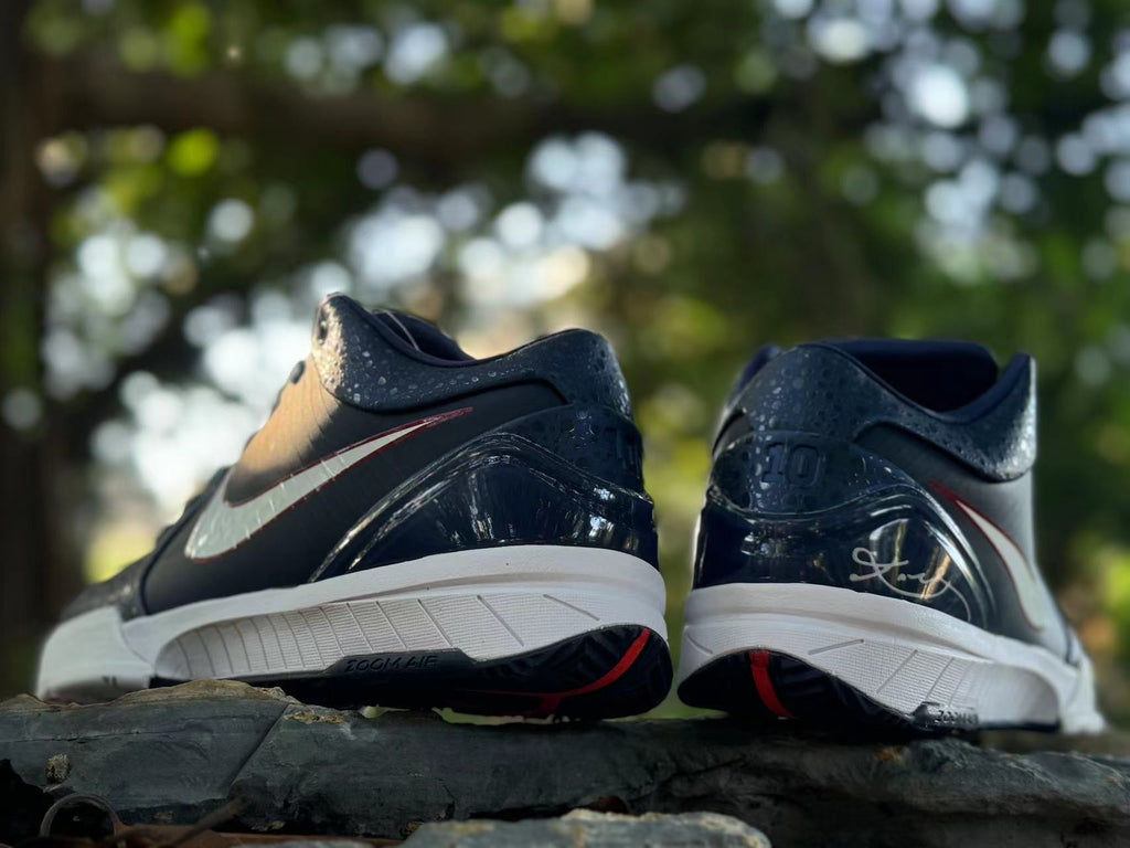 Nike Kobe 4 Basketball Footwear, Navy White Red Paris Colorway - product image from the listing.