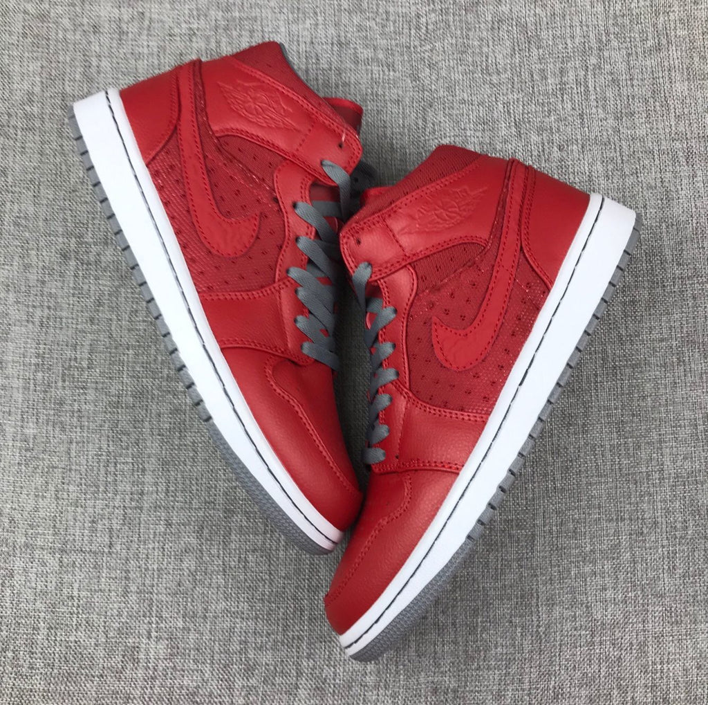 Red and Grey Jordan 1 Mid High-Top Sneakers - product image from the listing.