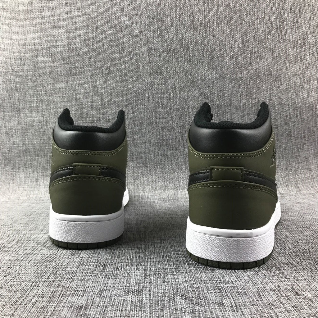 Black and Olive Green Jordan 1 Mid Sneakers - product image from the listing.