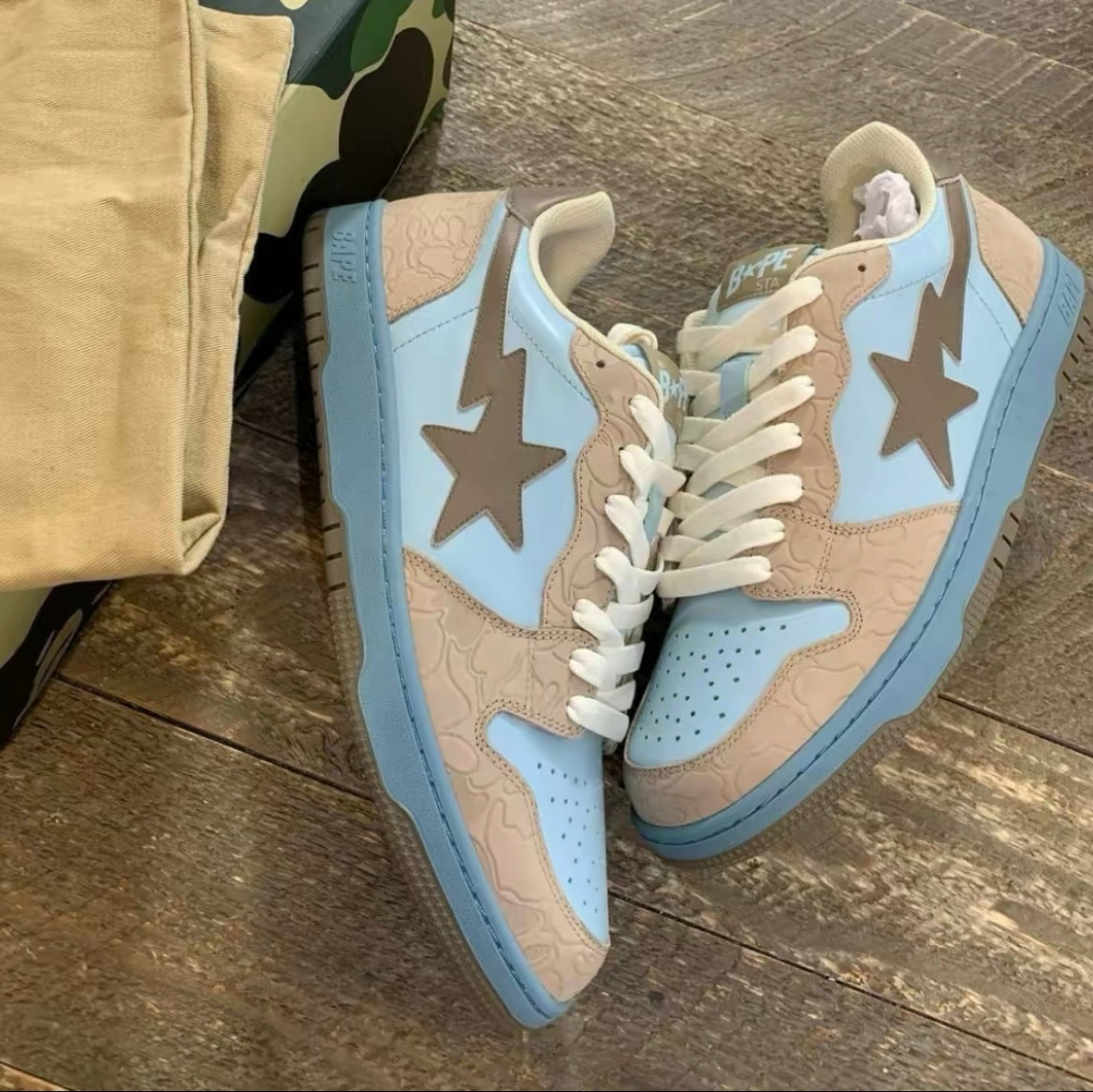 Light Blue and Beige BAPE SK8 STA Sneakers - product image from the listing.