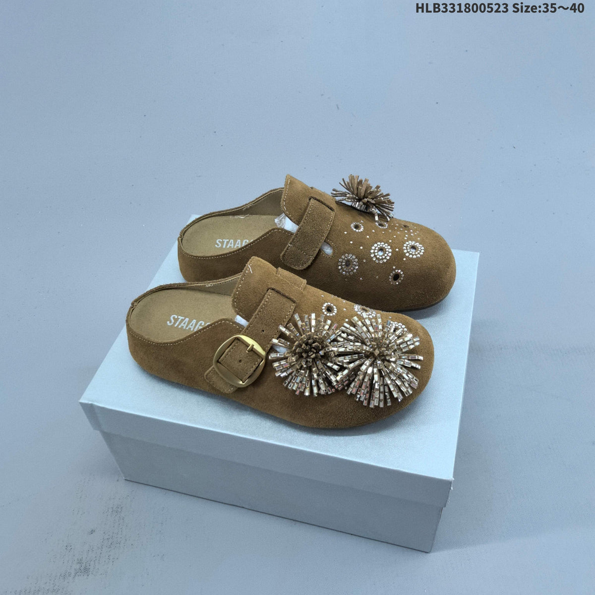 Embellished Brown Backless Slip-On Clogs with Buckle - product image from the listing.
