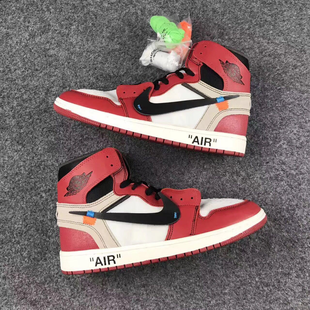 Off-White x Air Jordan 1 High Sneakers, in Red and White - product image from the listing.