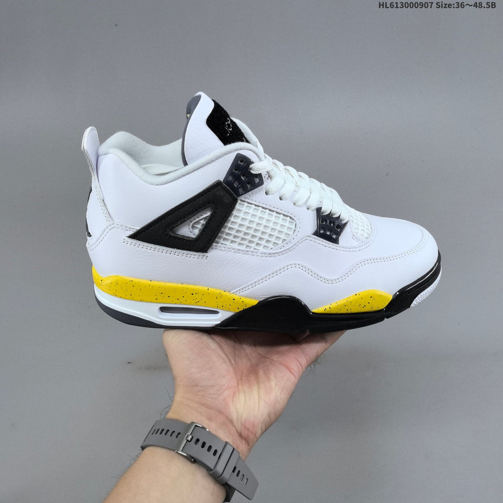 Air Jordan 4 Retro White Yellow Black Sneakers - product image from the listing.
