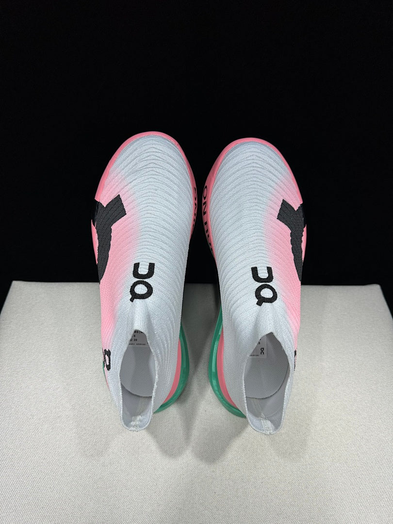 On Cloudboom Strike LS Running Shoes, in White Pink Green - product image from the listing.