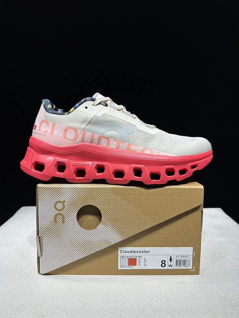 Light Gray and Coral On Cloudmonster Sneakers - product image from the listing.