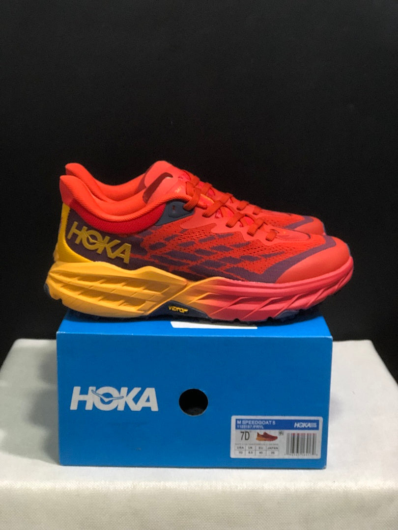 HOKA Speedgoat 5 Trail Running Shoes in Red and Yellow - product image from the listing.