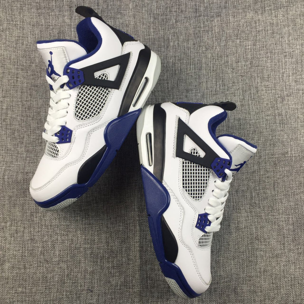 Air Jordan 4 Sneakers in White, Black and Blue - product image from the listing.