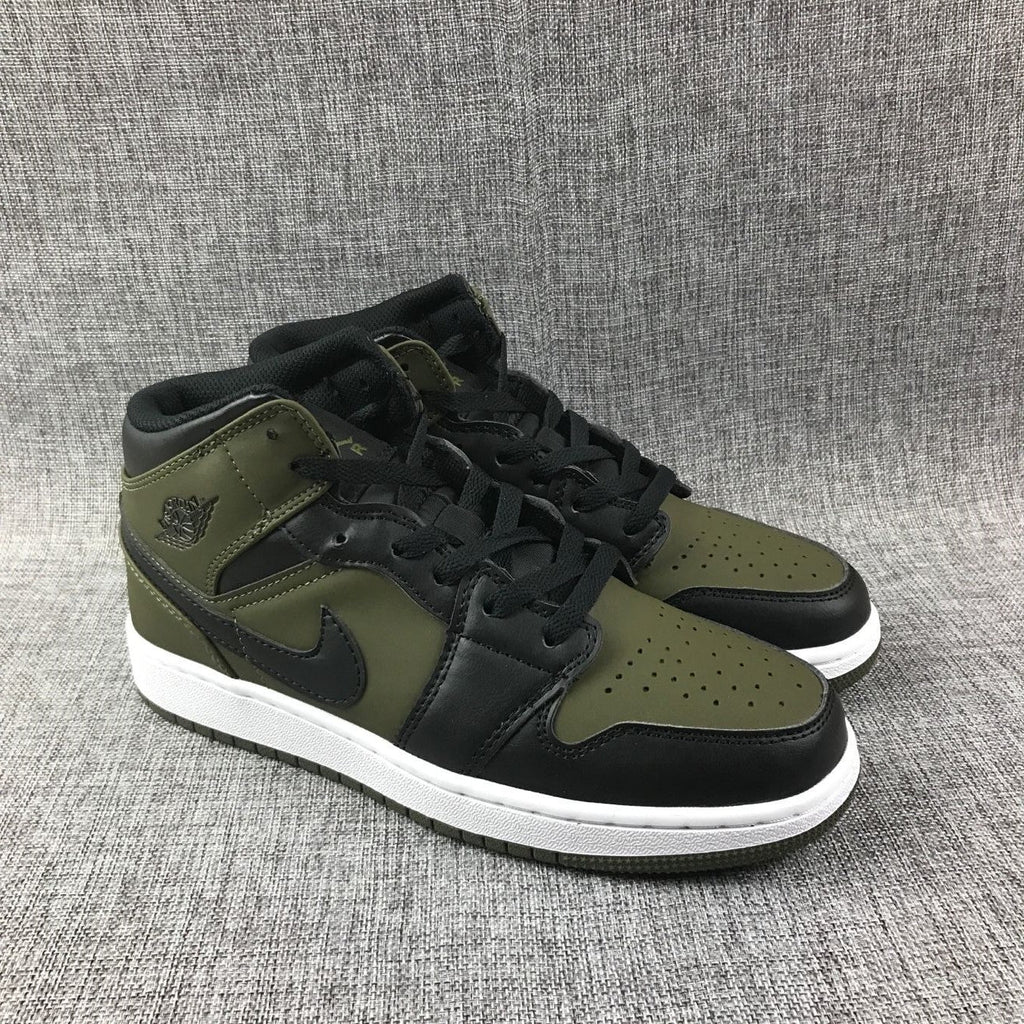 Black and Olive Green Jordan 1 Mid Sneakers - product image from the listing.