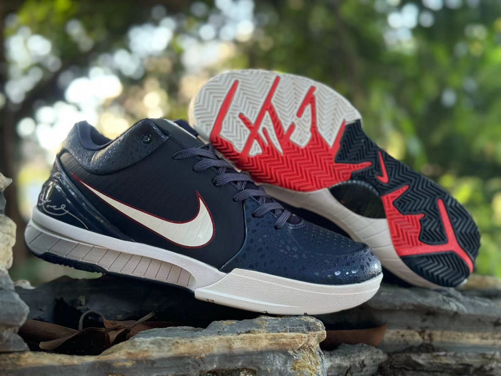 Nike Kobe 4 Basketball Footwear, Navy White Red Paris Colorway - product image from the listing.
