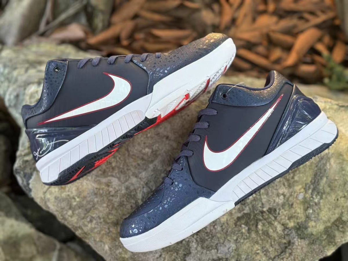 Nike Kobe 4 Basketball Footwear, Navy White Red Paris Colorway - product image from the listing.