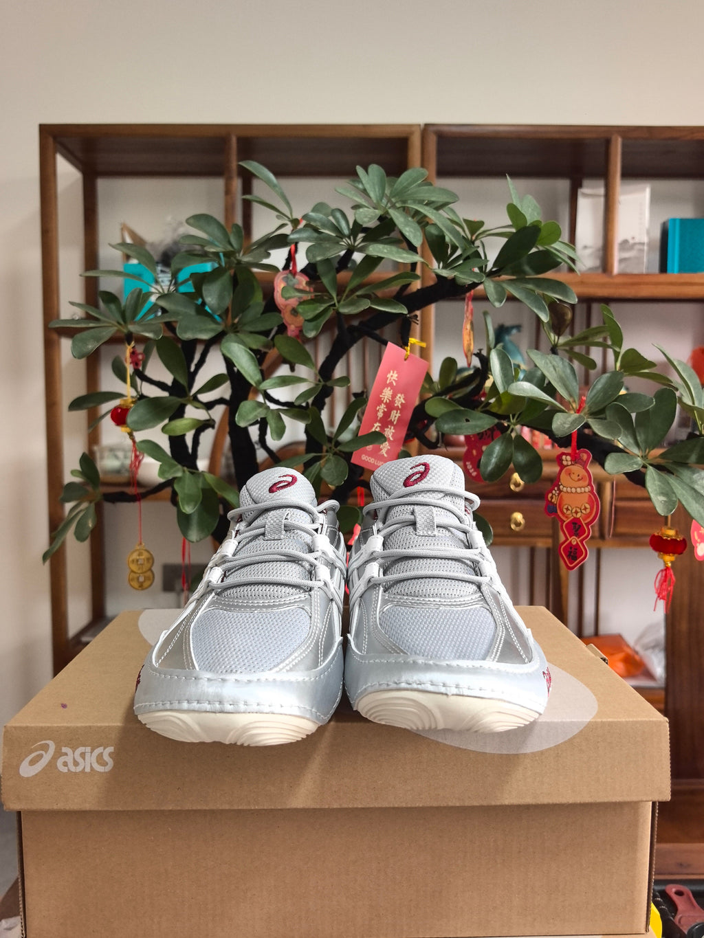 Silver and Red ASICS F2 Sneakers - product image from the listing.