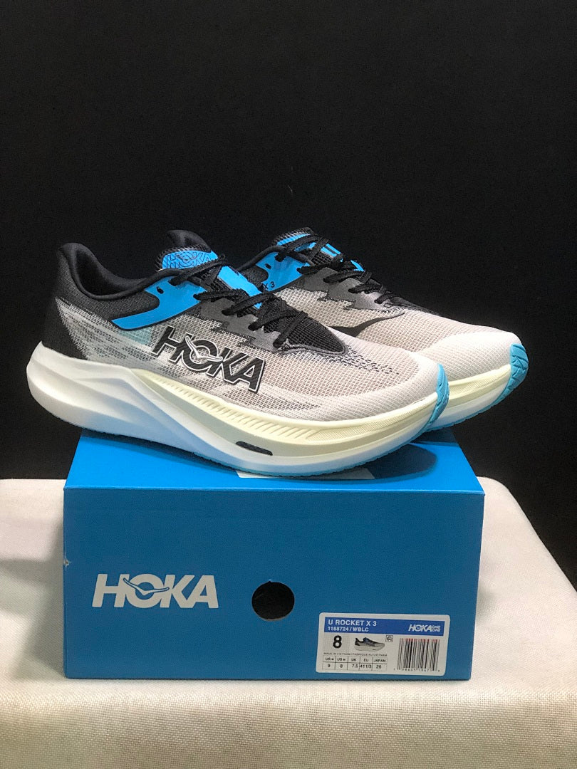 White, Black and Blue - HOKA Rocket X 3 Running Shoes - product image from the listing.