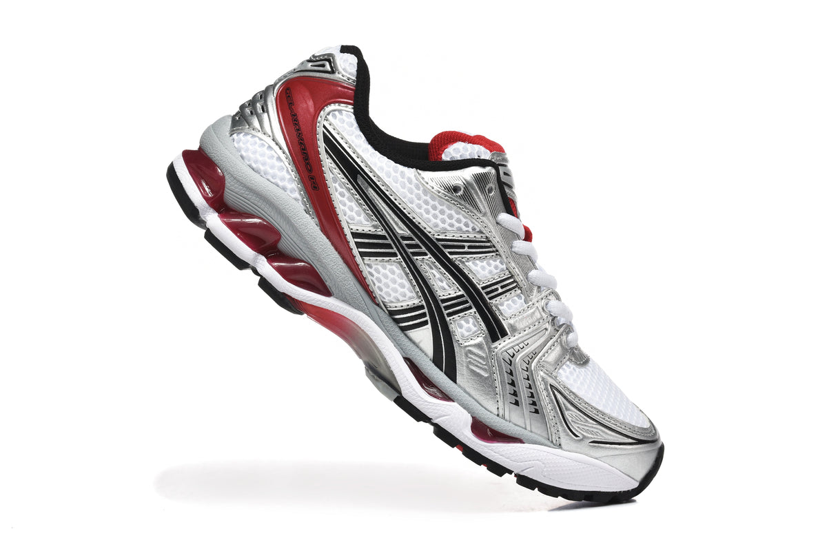 ASICS Gel-Kayano 14 Sneakers in Silver White Red - product image from the listing.