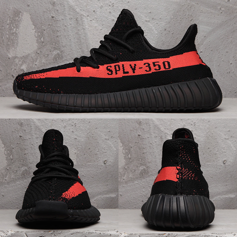 Yeezy 350 V2 Sneakers in Black and Red Knit - product image from the listing.