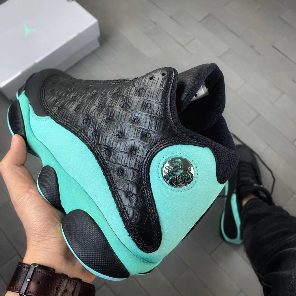 Air Jordan 13 Island Green Sneakers in Black Turquoise - product image from the listing.