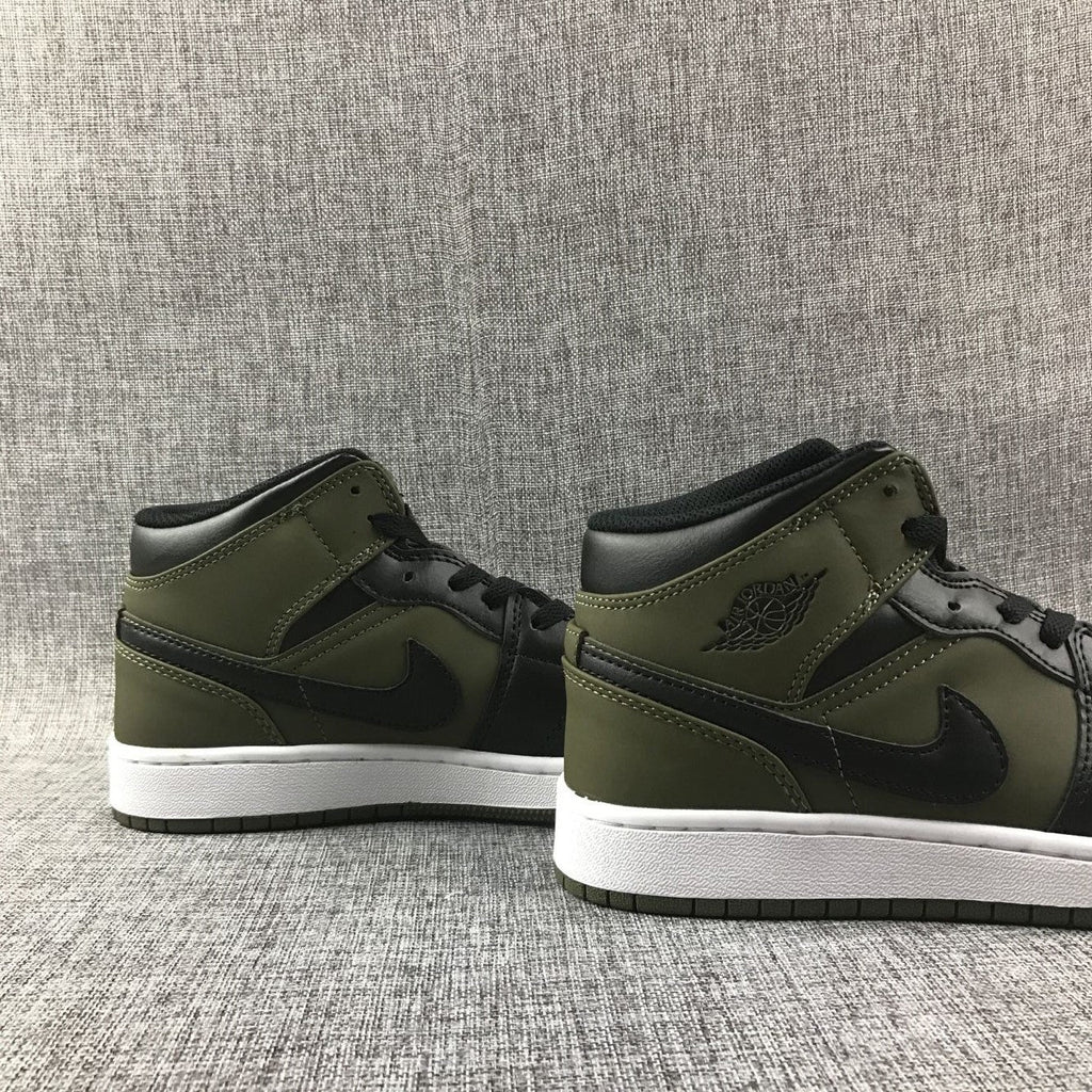Black and Olive Green Jordan 1 Mid Sneakers - product image from the listing.