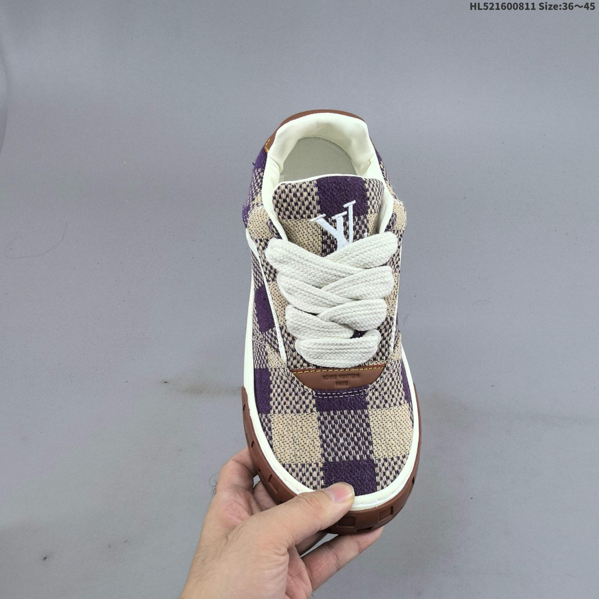 Louis Vuitton Trainer Low Trainers in Purple and Beige Check - product image from the listing.