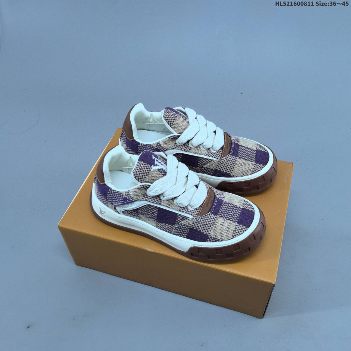 Louis Vuitton Trainer Low Trainers in Purple and Beige Check - product image from the listing.