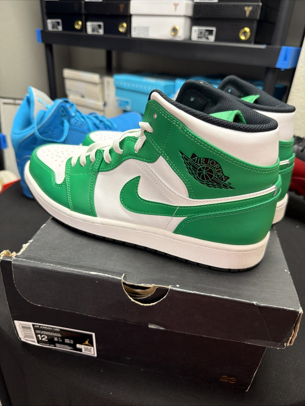 Men's Nike Air Jordan 1 Mid Size 12 Green White Athletic Leather Shoes Sneakers - product image from the listing.