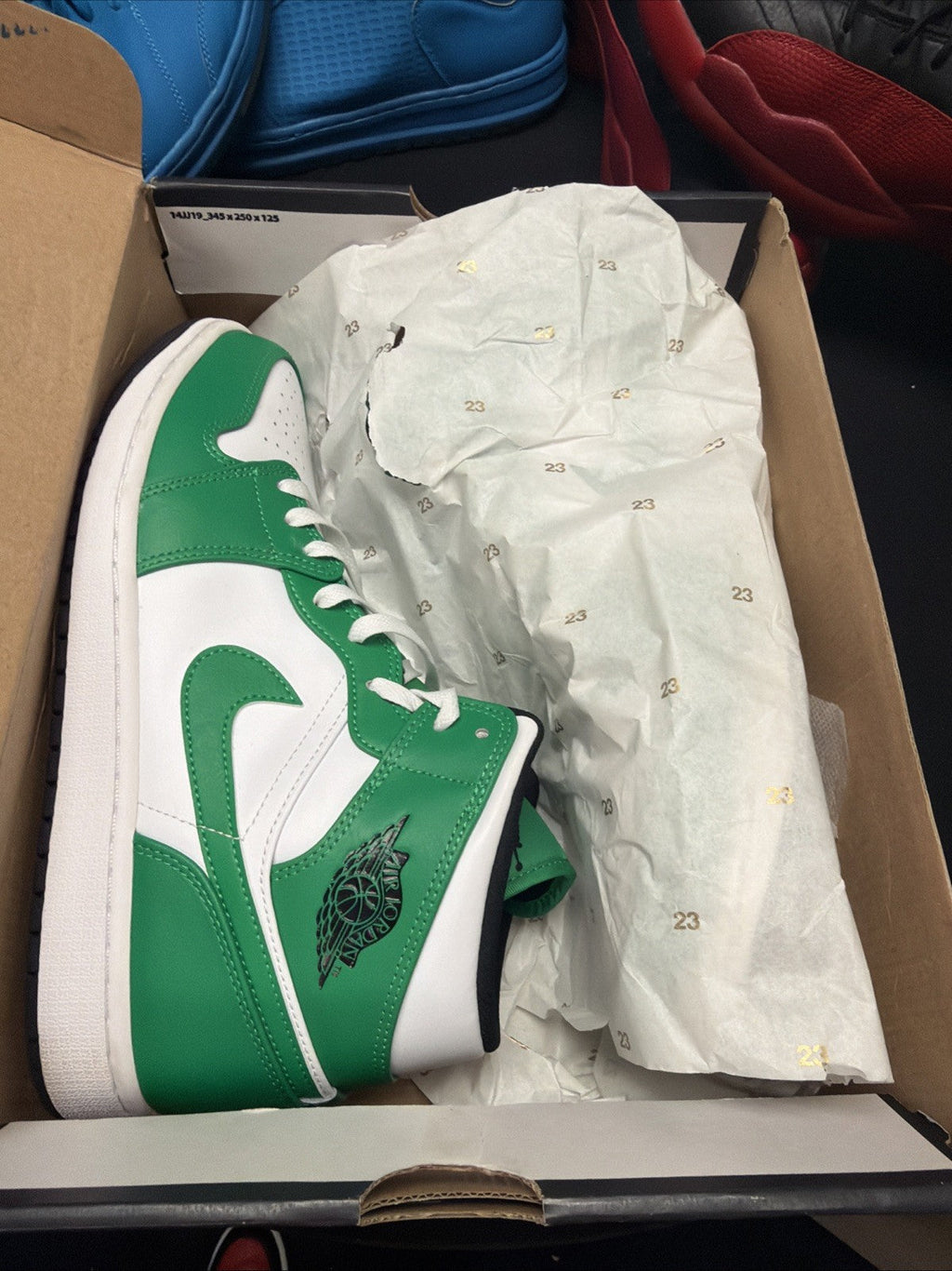 Men's Nike Air Jordan 1 Mid Size 12 Green White Athletic Leather Shoes Sneakers - product image from the listing.